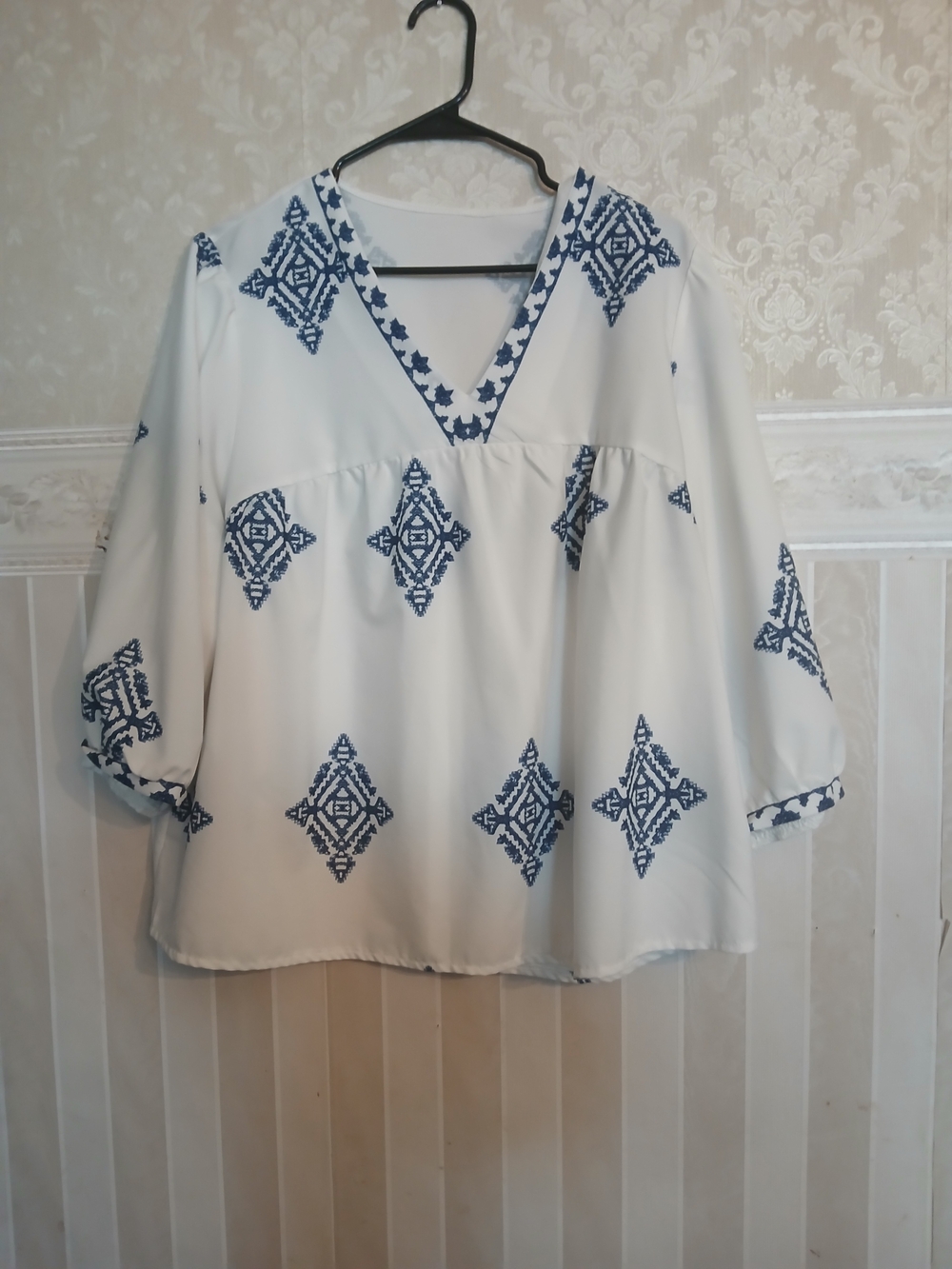 SHEIN White Tunic Top with Navy Geometric Embroidery
